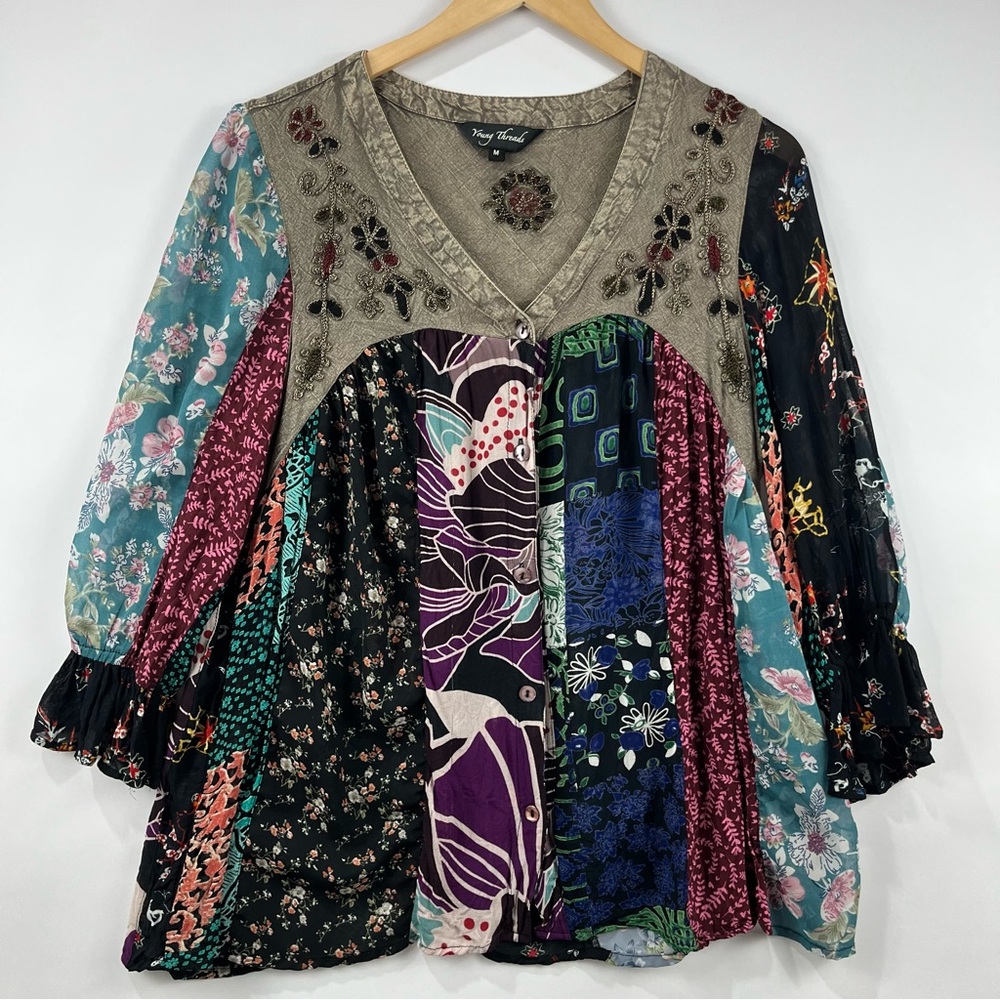 Boho Patchwork Button Down Blouse M | Embroidered… - image 1